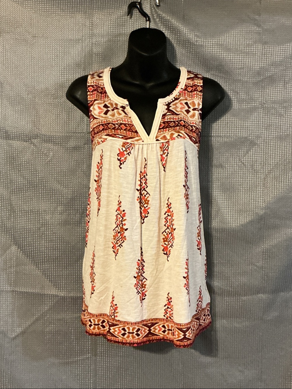 Embroidered Cream Tank Top with Orange & Brown Folk Motif